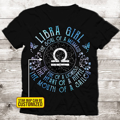Personalized Star Map Libra Girl the Soul of A Mermaid the Heart of A Hippie T-Shirt - Premium Ladies T-Shirt - Libra Star Sign Gift