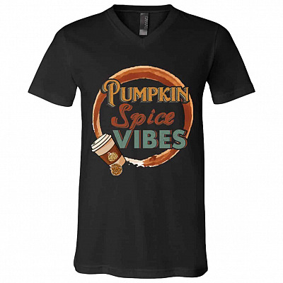 Pumpkin Spice Vibes Retro Tshirt, Black, V-Neck T-Shirt