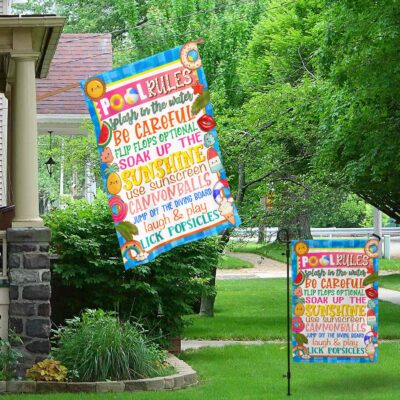 Alternative view of Pool Rules Splash In The Water Be Careful Flip Flops Optional Garden Flag - House Flag - Pool Rules Flags
