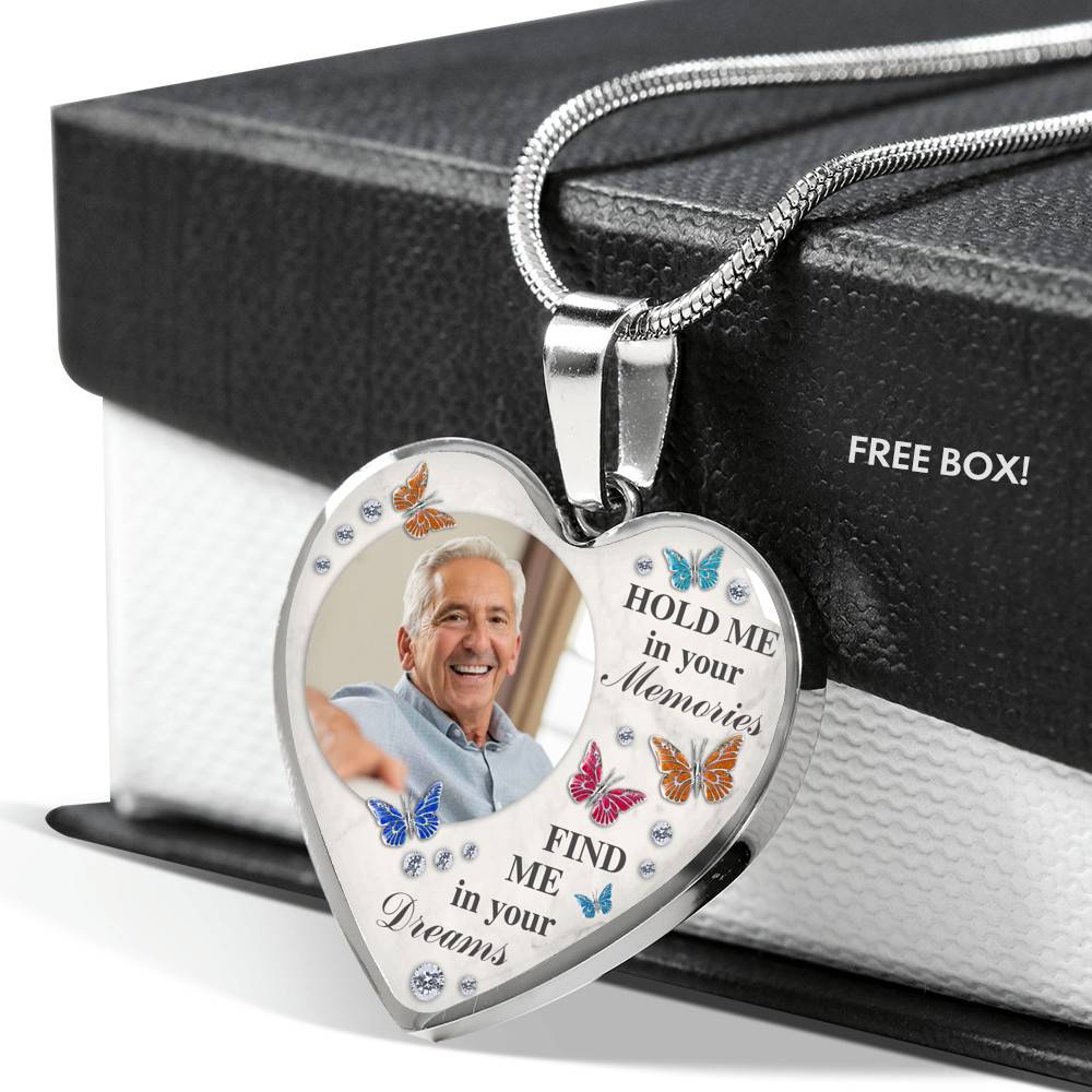 Personalized Photo Hold Me In Your Memories Find Me In Your Dreams Memorial Luxury Heart Pendant Necklace