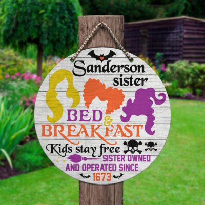 Alternative view of Sanderson Sister Bed Breakfast Kids Stay Free Sister Decorative Circle Wooden Door Sign - Front Porch Sign Indoor Outdoor Decor Farmhouse