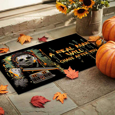 Alternative view of A Real Man Will Chase After You Funny Michael Myers Halloween House Doormat - Funny Horror Movie Outdoor Indoor Doormat