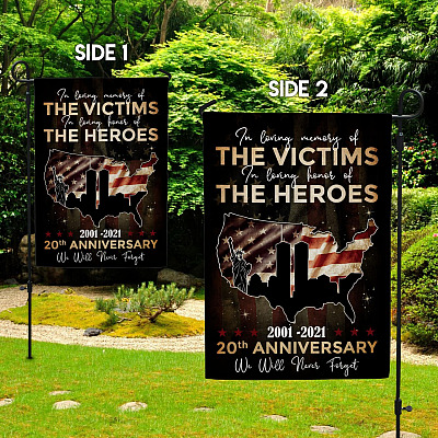 Alternative view of September 11th 20th Anniversary We Will Never Forget Garden Flag - Indoor Outdoor Flag -  9/11 20th Anniversary