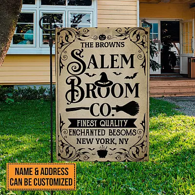 Personalized Family Name Salem Broom Co Finest Quality Enchanted Besoms Garden Flag - Halloween House Flag