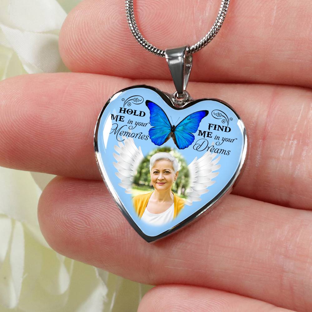Hold Me In Your Memories Find Me In Your Dreams Personalized Photo Heart Pendant Necklace-Bangle