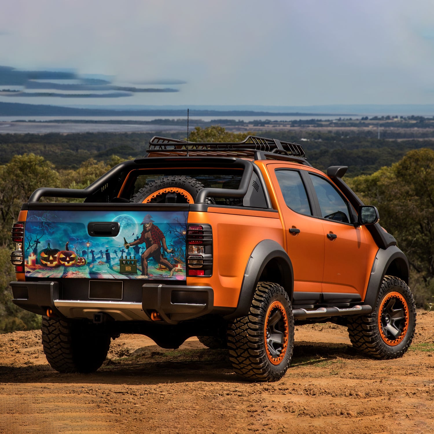 4KT. Halloween Bigfoot Drinking Beer(7) Tailgate Wrap Mockup 7