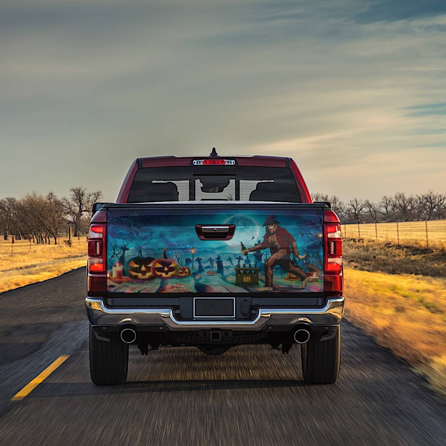 4KT. Halloween Bigfoot Drinking Beer(7) Tailgate Wrap Mockup 13