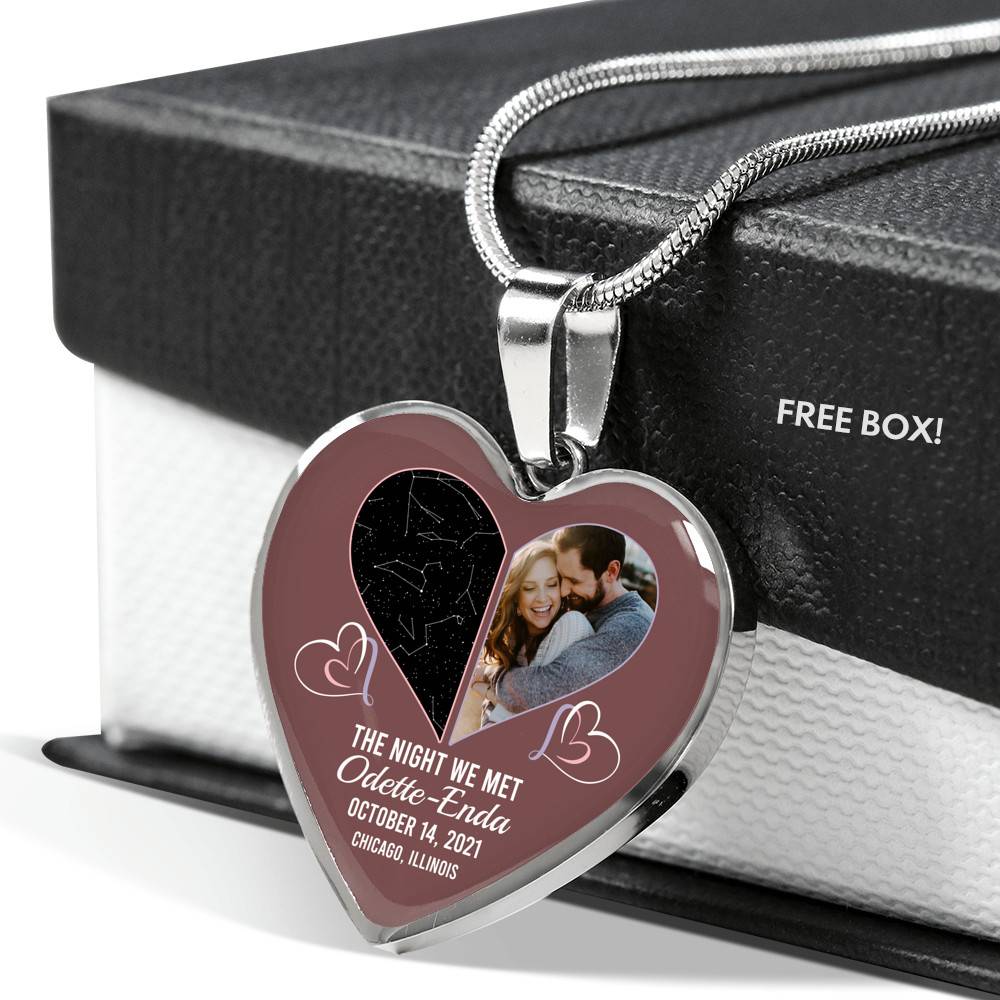 The Night Sky Couple Story Of Us Personalized Photo Heart Pendant Necklace - Custom Names Anniversary Star Map Heart Necklace
