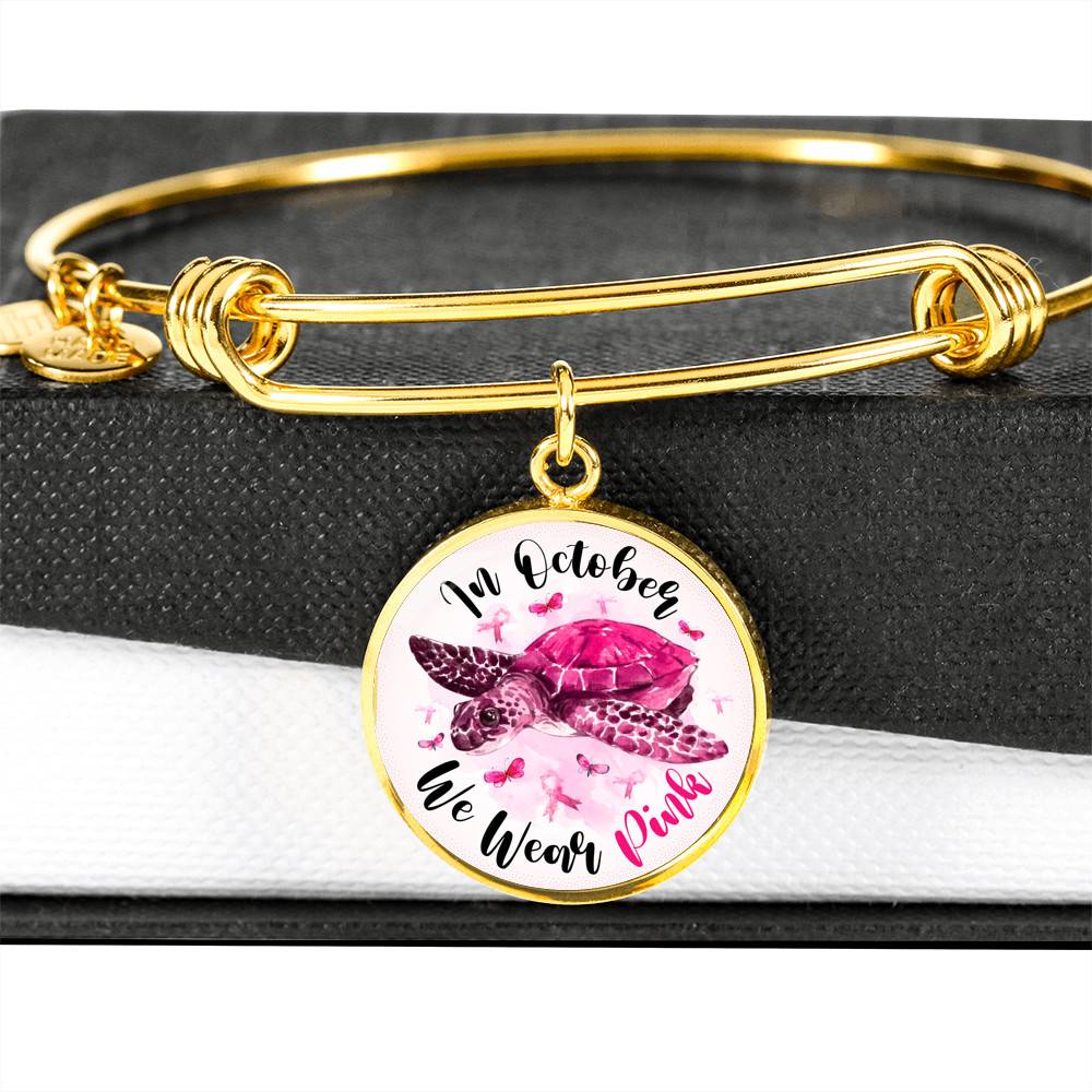 Turtle In October We Wear Pink Circle Breast Cancer Awareness Pendant Necklace - Breast Cancer Survivor Bangle