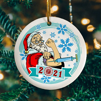 Santa Covid Vaccine 2021 Decorative Christmas Ornament - Holiday Flat Circle Ornament - Santa Claus Ornament