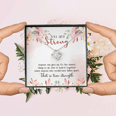You Are Strong Survivor Love Knot Necklace - Cancer Recovery Affirmation Jewelry Encouragement Gifts
