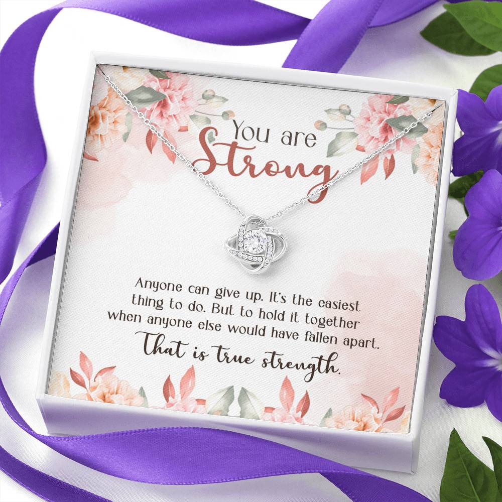 You Are Strong Survivor Love Knot Necklace - Cancer Recovery Affirmation Jewelry Encouragement Gifts