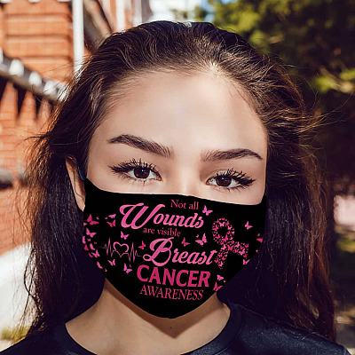 Alternative view of Not All Wounds Are Visible Breast Cancer Awareness Washable Reusable Custom Printed Cloth Face Mask Cover