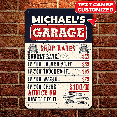 Alternative view of Personalized Garage's Name Shop Rates Retro Decorative Metal Sign - Funny Metal Sign Garage Wall Decor