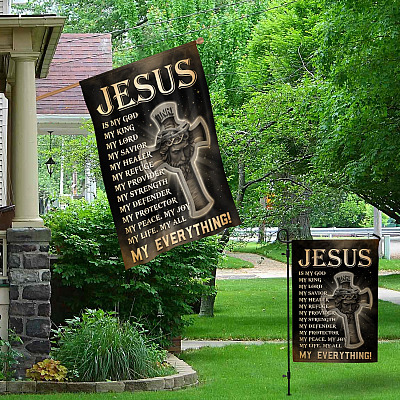 Alternative view of Jesus Is My God My King My Lord My Savior My Everything Decorative Garden Flag - Indoor Outdoor Flag - House Flag