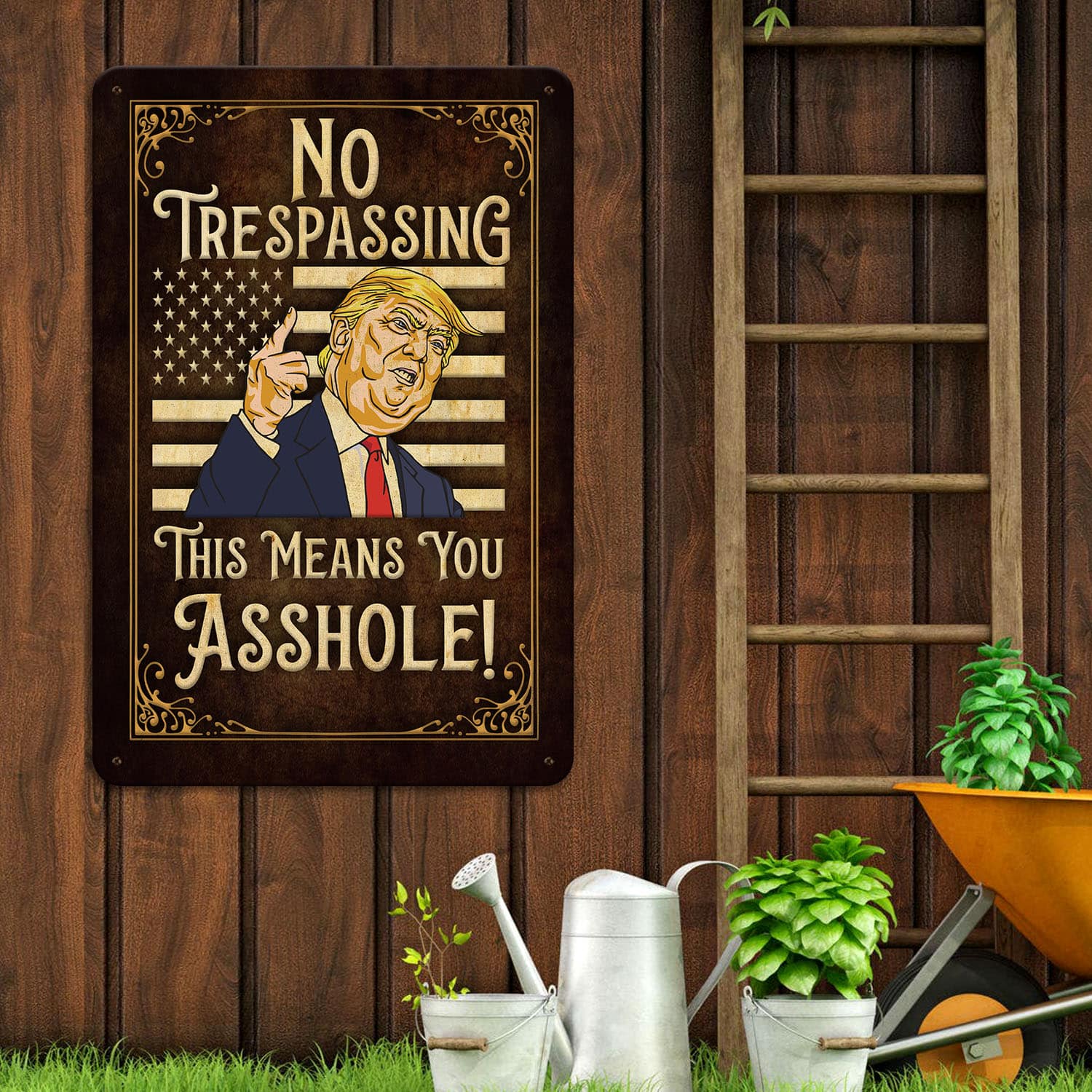 4MH. No Trespassing Trump Metal Metal Sign Mockup 12
