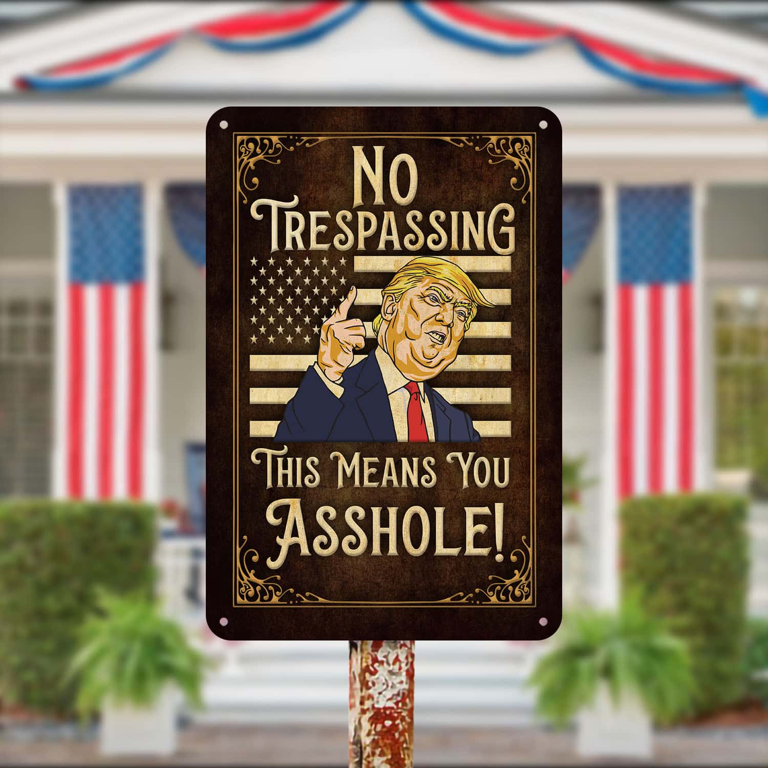 4MH. No Trespassing Trump Metal Metal Sign Mockup 13