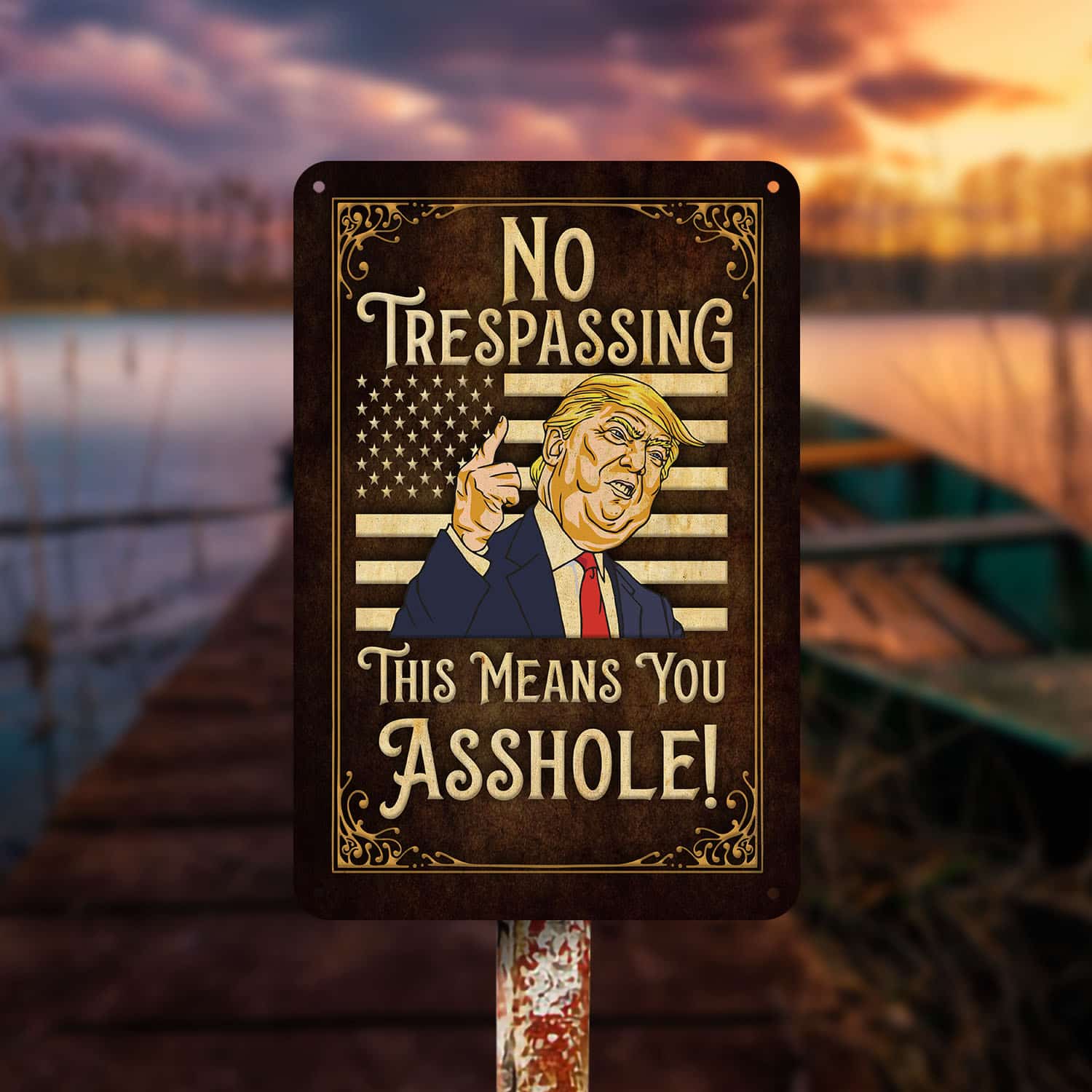 4MH. No Trespassing Trump Metal Metal Sign Mockup 15
