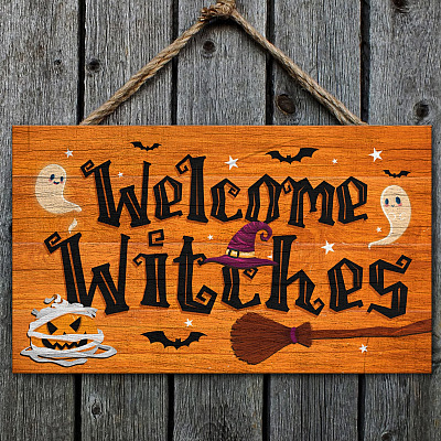 Welcome Witches Halloween Rectangle Wooden Door Sign - Front Porch Sign Decor