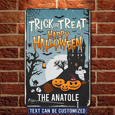 Personalized Family Name Trick or Treat Happy Halloween Decorative Metal Sign - Halloween Decorations