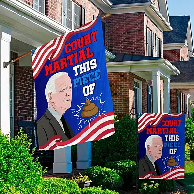 Alternative view of Funny Biden Court Martial This Piece Of Shit Garden Flag - Anti Biden House Flag - Wall Flag