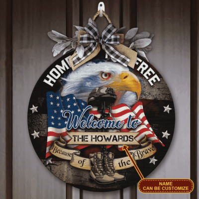 Personalized Last Name Home of the Free Because of the Brave Decorative Circle Wooden Door Sign - Front Porch Sign