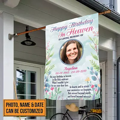 Alternative view of Custom Photo Birthday in Heaven Garden Flag - House Flag - Wall Flag - Memorial Birthday Gifts