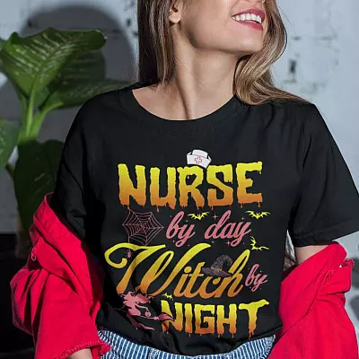Alternative view of Nurse By Day Witch By Night T-Shirt - V-Neck Shirt - Nurse Halloween Shirt