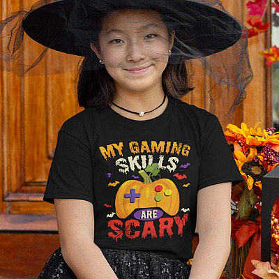 Alternative view of My Gaming Skills Are Scary Cute Pumpkin Video Game Youth T-Shirt for Kids