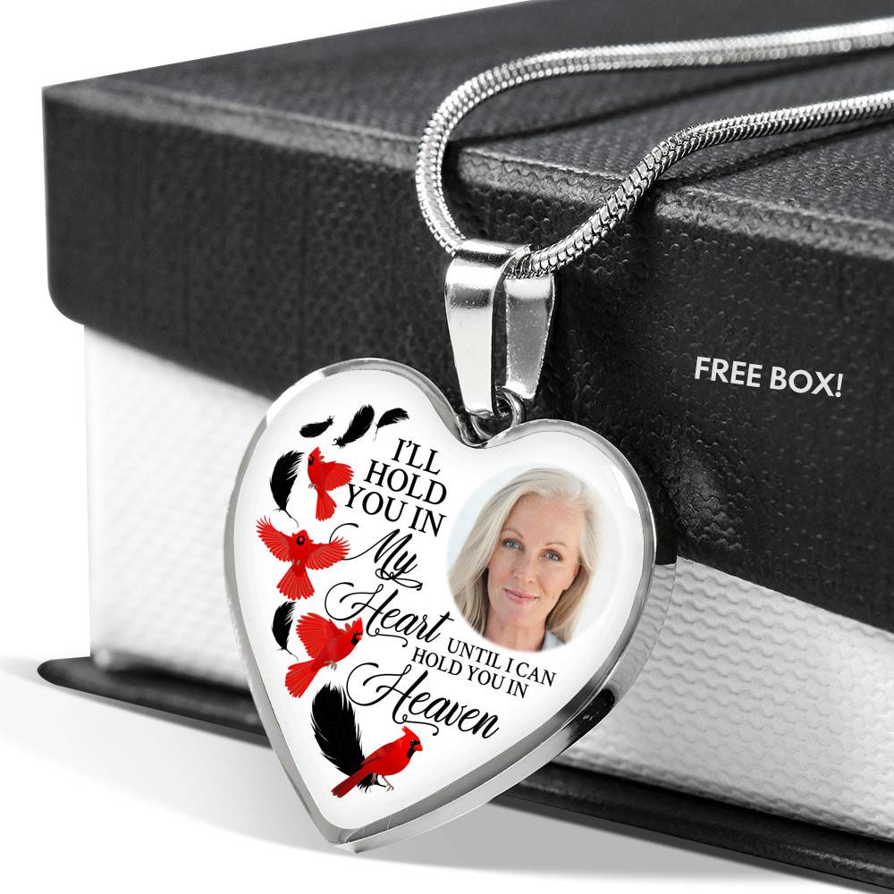 Custom Photo Memorial Cardinal Heart Necklace - I'll Hold You in My Heart Personalized Photo Engraving Memorial Heart Necklace