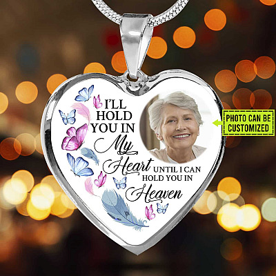 Custom Photo Memorial Butterfly Heart Necklace - I'll Hold You in My Heart Personalized Photo Engraving Memorial Heart Necklace