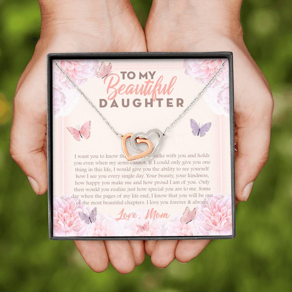 To My Beautiful Daughter My Hearts Walks With You Interlocking Hearts Pendant Necklace - Mom Daughter Gifts
