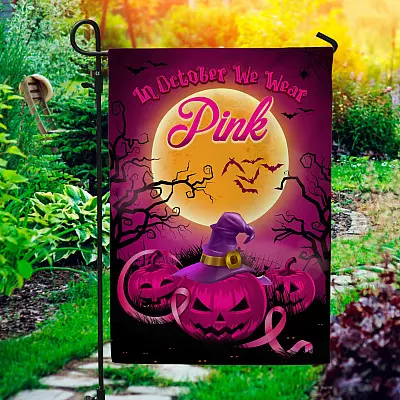 In October We Wear Pink Pumpkin Decorative Garden Flag - House Flag - Breast Cancer Awareness Halloween Flag