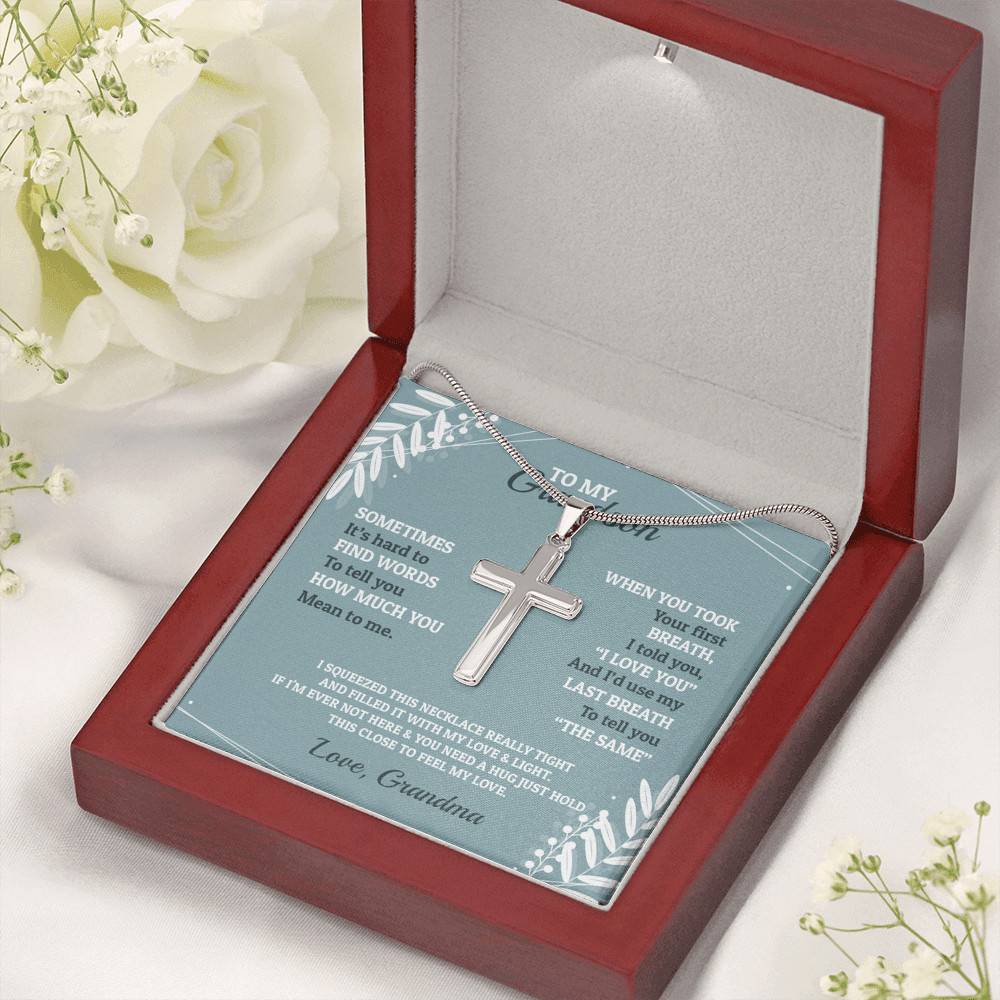 To My Grandson Sometimes It's Hard To Find Words To Tell You How Much You Mean To Me Artisan Crafted Cross Necklace