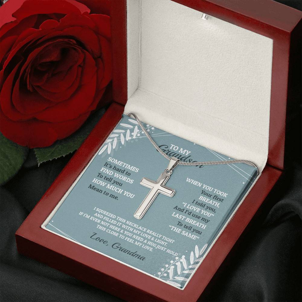To My Grandson Sometimes It's Hard To Find Words To Tell You How Much You Mean To Me Artisan Crafted Cross Necklace