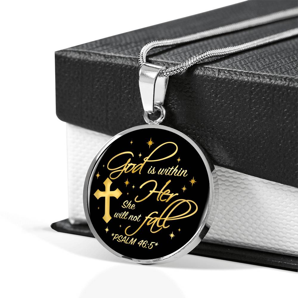Cross God Is Within Her She Will Not Fall Psalm 46 5 Christian Circle Pendant Necklace - Bangle