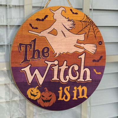 Alternative view of The Witch Is In Circle Wooden Door Sign - Halloween Witches Indoor Outdoor Home Decor