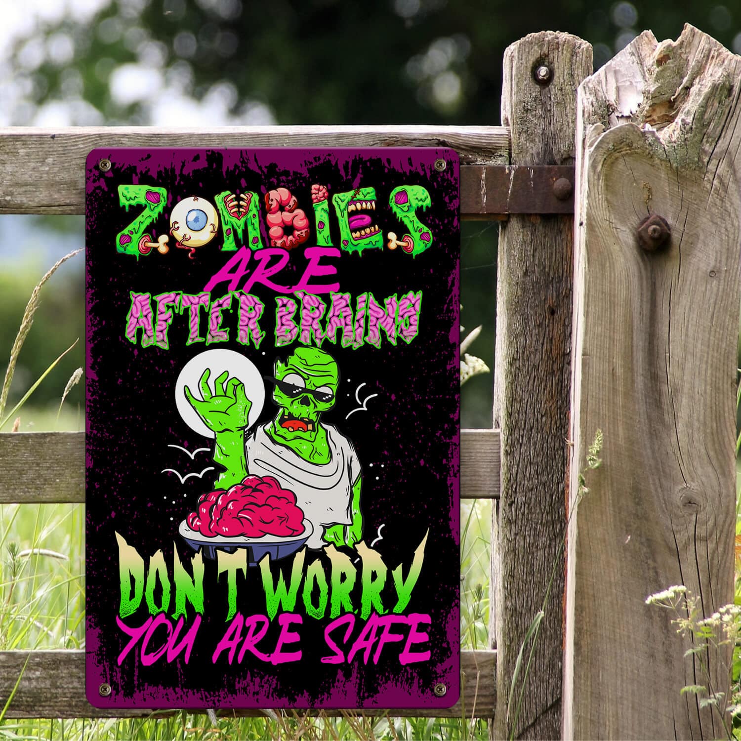 5TM. Zombie After Brains-Metal Metal Sign Mockup 2