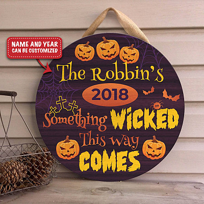 Alternative view of Custom Family Name Sign Something Wicked This Way Comes Halloween Decorative Circle Wooden Door Sign - Front Porch Sign