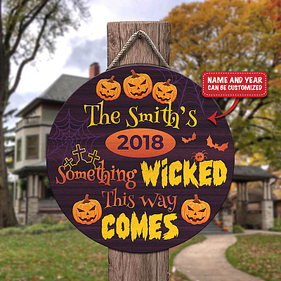 Custom Family Name Sign Something Wicked This Way Comes Halloween Decorative Circle Wooden Door Sign - Front Porch Sign