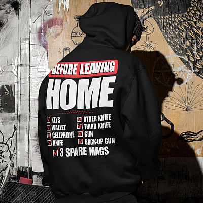 Alternative view of Before Leaving Home Keys Wallet Cellphone Knife Print On Back Only Plain Front Hoodie - Sweatshirt - Long Sleeve