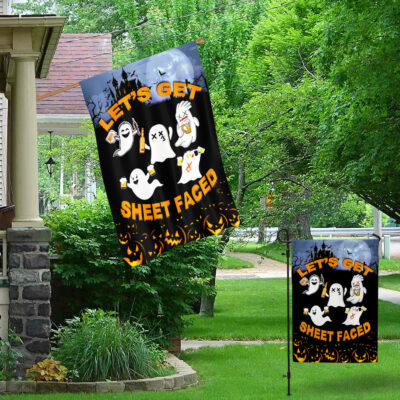 Alternative view of Let's Get Sheet Faced Halloween Drinking Drunk Ghost Outdoor Indoor Garden Flag - House Flag - Wall Flag