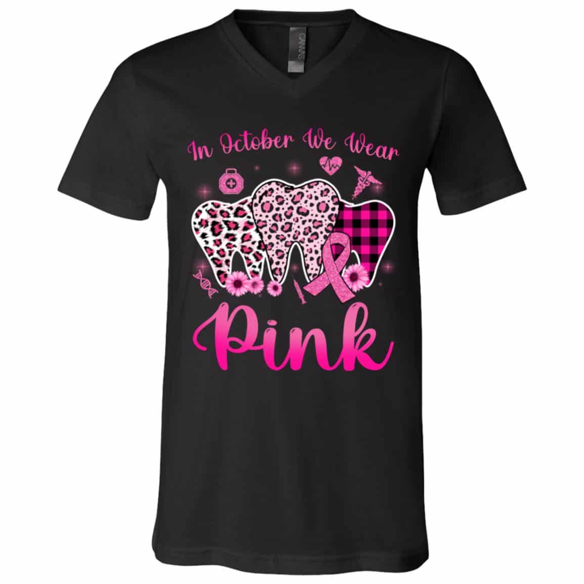 1Th. We Wear Pink Tooth, Black, V-Neck T-Shirt