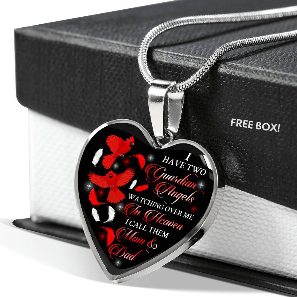 I Have Two Guardian Angels Watching Over Me In Heaven I Call Them Mom And Dad Cardinal Memorial Heart Pendant Necklace