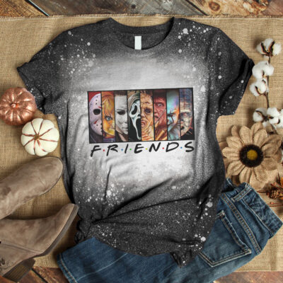 Friends Horror Movie Characters Sublimation Bleached T-shirt - Halloween Friends Bleached Shirt
