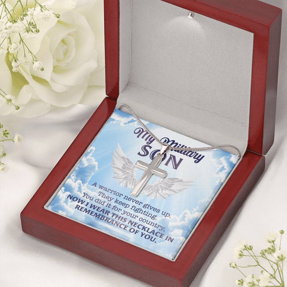 My Military Son a Warrior Never Give Up They Keep Fighting Artisan Crafted Cross Pendant Necklace Gifts