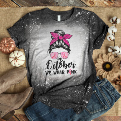 Alternative view of In October We Wear Pink Messy Bun Breast Cancer Awareness Sublimation Bleached T-shirt - Pink Ribbon Shirt