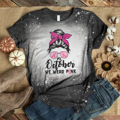 Alternative view of In October We Wear Pink Messy Bun Breast Cancer Awareness Sublimation Bleached T-shirt - Pink Ribbon Shirt