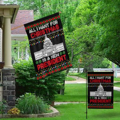 Alternative view of All I Want For Christmas Is A New President Ugly Christmas Outdoor House Flag - Anti Biden Home Garden Flag