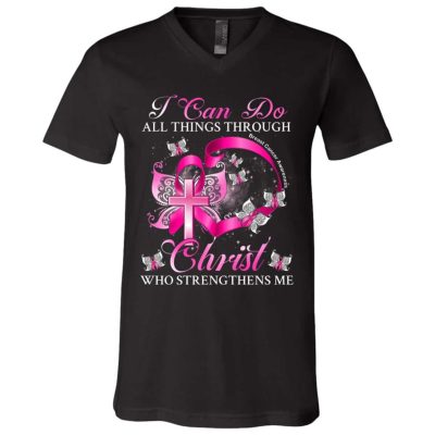 3VT. I Can Do All Things Breast Cancer, Black, V-Neck T-Shirt